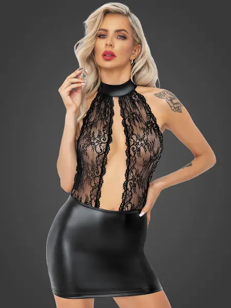 M - Rochie mini din imitatie de piele F279 Negru