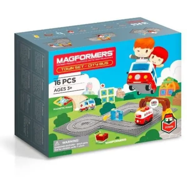 Magformers Set de constructie Magformers City, 16 elemente, Autobuz motorizat, Pista