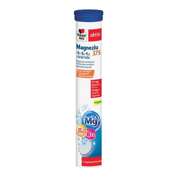 Magneziu 375+B1+B6+B12+Acid Folic, 15 comprimate efervescente, Doppelherz