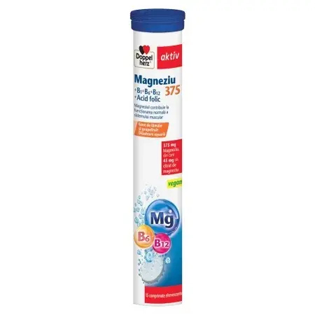 Magneziu 375 + B1 + B6 + B12 + Acid Folic, 15 comprimate efervescente – Doppelherz