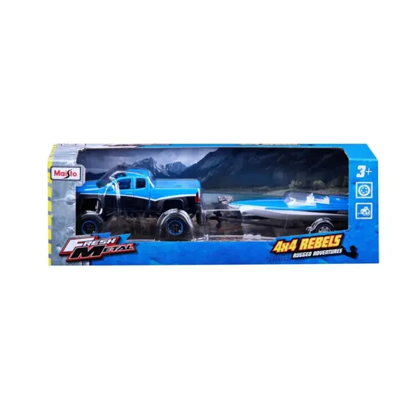 MAISTO MASINUTA METALICA 4X4 REBELS RUGGED ADVENTURES ALBASTRU CU REMORCA