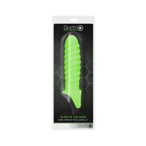 Manșon pentru penis OUCH! Glow In The Dark Penis Sleeve 6.2”, design spiralat, cu inel pentru testicule, 15 cm, verde fosforescent