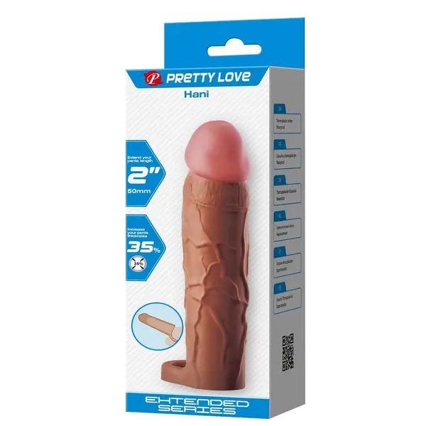 Manson pentru penis Pretty Love - Hani, extensie realistă pentru alungire și îngroșare, din TPR moale, maro, 18 cm