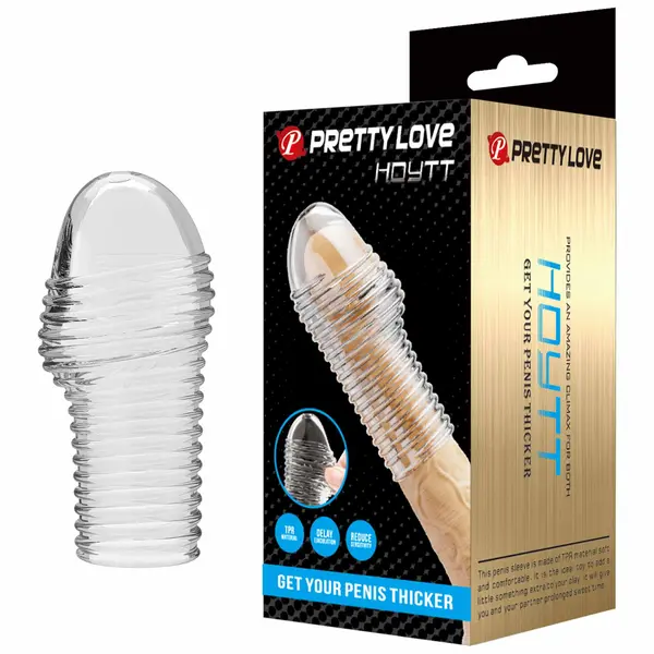 Manșon pentru penis PRETTY LOVE - Hoytt, pentru îngroșare și stimulare intensă, texturat, cu striații, transparent, 9 cm