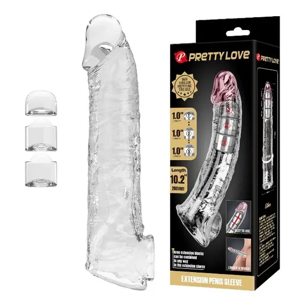 Manșon realist PRETTY LOVE Silas, cu 3 inserții detașabile pentru ajustarea adâncimii, inel pentru testicule, transparent, 26 cm
