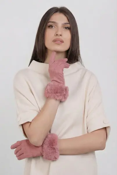 Manusi dama din material textil catifelat cu blanita naturala de iepure, roz prafuit
