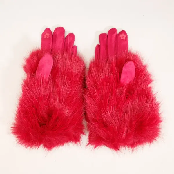Manusi dama din material textil catifelat si suprapunere de blanita, fucsia