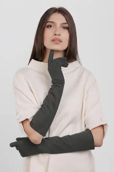 Manusi dama foarte lungi si simple din material textil catifelat gri inchis