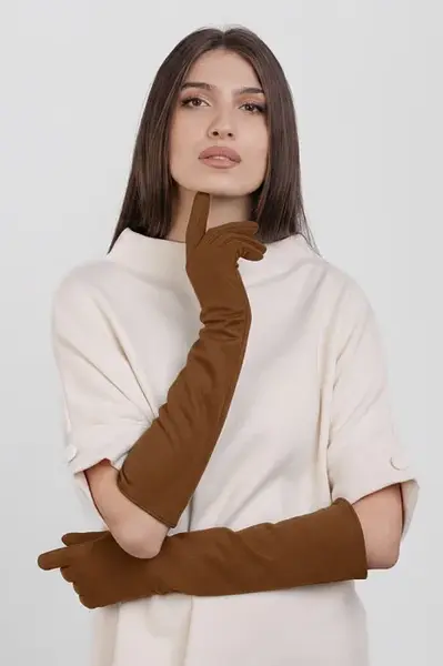 Manusi dama foarte lungi si simple din material textil catifelat maro ciocolatiu