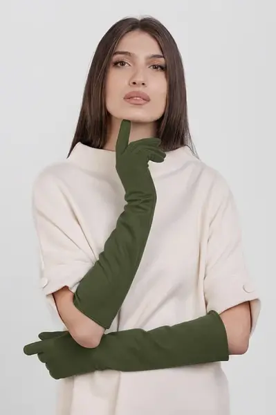 Manusi dama foarte lungi si simple din material textil catifelat kaki