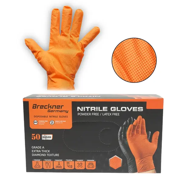 Manusi din nitril portocalii nepudrate cu textura diamond grip, marimea L 50 buc cutie