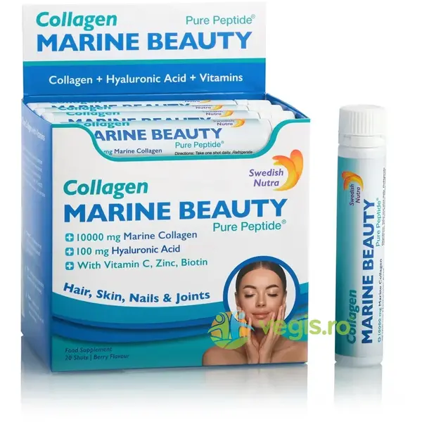 Marine Beauty - Colagen Marin Lichid Hidrolizat de Tip 1 si 3 pentru Piele, Unghii, Articulatii cu Acid Hialuronic, Siliciu, Biotina, Seleniu, Zinc si Vitamine 20 fiole