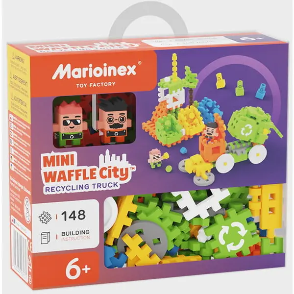 Marioinex Set de construit cu blocuri, Marioinex Mini Waffle, Camionul de reciclare, 14 piese