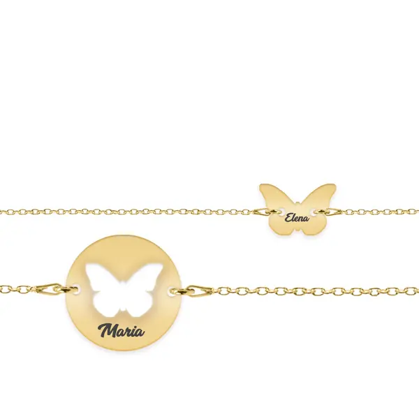 Mariposa - Set bratari personalizat banut si fluturas cu nume din argint 925 placat cu aur galben 24K