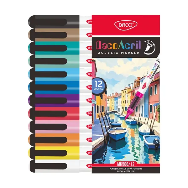 Marker acrilic, standard, varf tip pensula, 12buc/set Daco