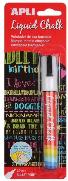 Marker cretă pentru tablă și sticlă APLI - Varf rotund 5.5 mm, 8 gr., Alb