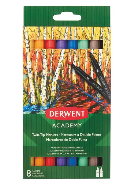 Marker pe baza de apa,2 varfuri, 8culori/set, Derwent Academy