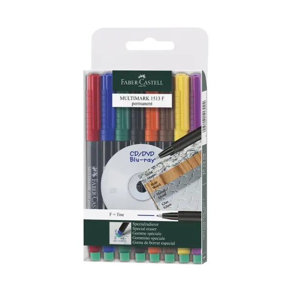 Marker permanent 0.6mm, varf F, 8culori/set, Faber-Castell Multimark