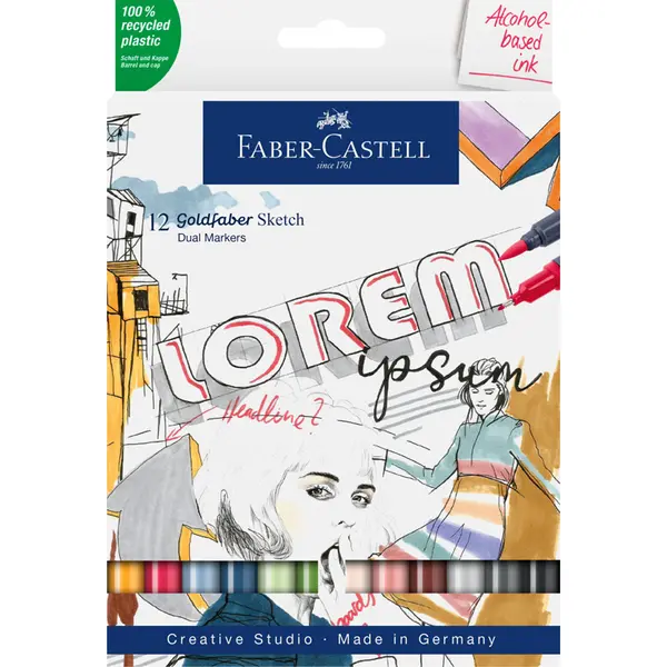 Marker permanent, 12buc/set, 2 varfuri tip pensula, Goldfaber Faber-Castell