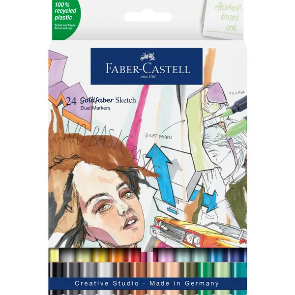 Marker permanent, 24buc/set, 2 varfuri tip pensula, Manga Goldfaber Faber-Castell