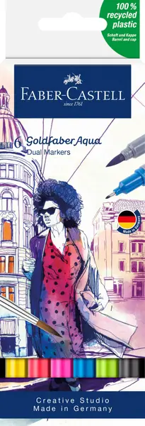 Marker solubil 2 varfuri, culori de baza, 6buc/set, Goldfaber Faber-Castell