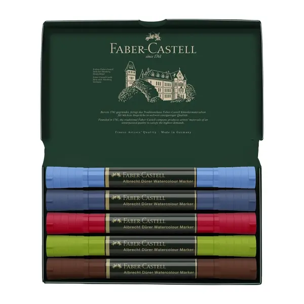 Marker solubil, 5buc/set, varf subtire + varf pensula, Albrecht Durer Sketching, Faber-Castell