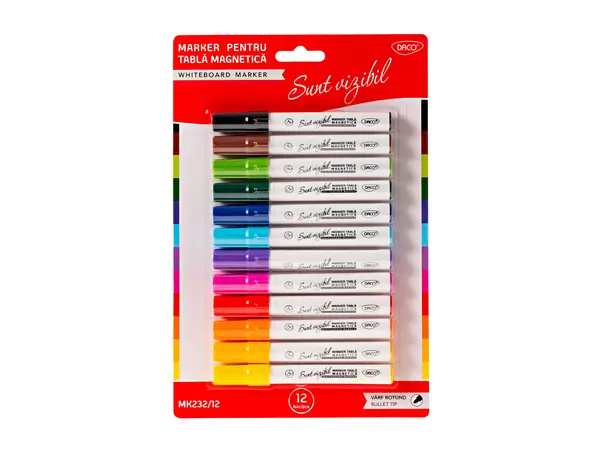 Marker whiteboard, varf rotund, 12culori/set, Daco