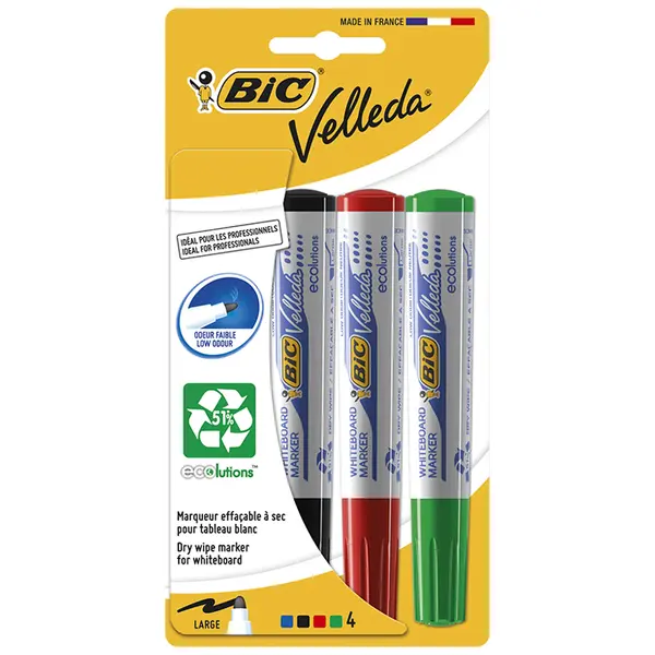 Marker whiteboard, varf rotund, 4culori/set, Bic Velleda