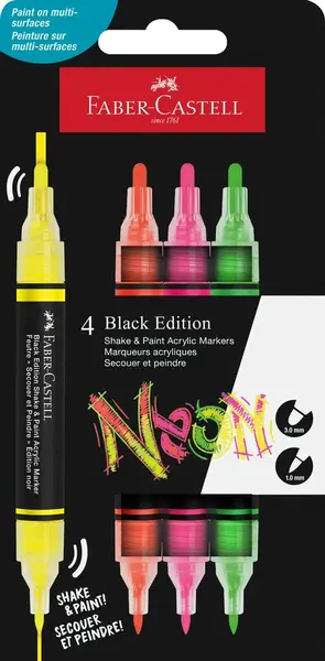 Markere acrilice 2 varfuri Shake&Paint, 4buc/set, culori neon, Faber-Castell