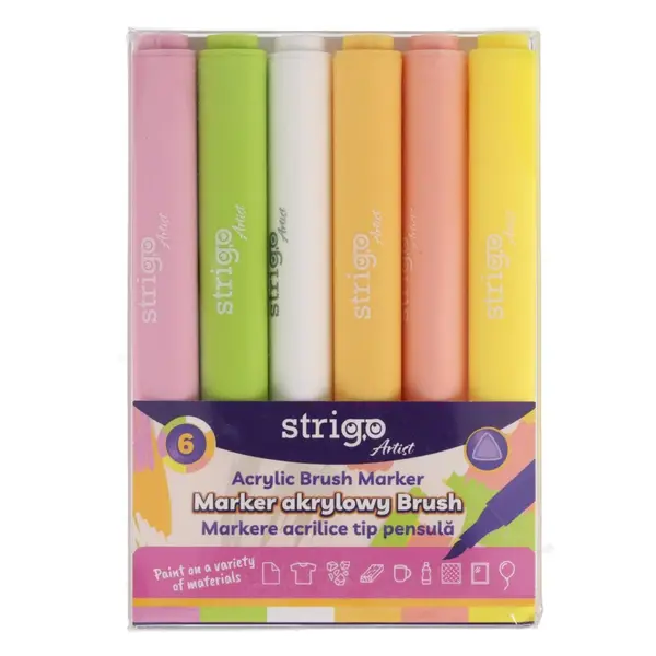 Markere acrilice Strigo , 6 culori deschise, varf pensula