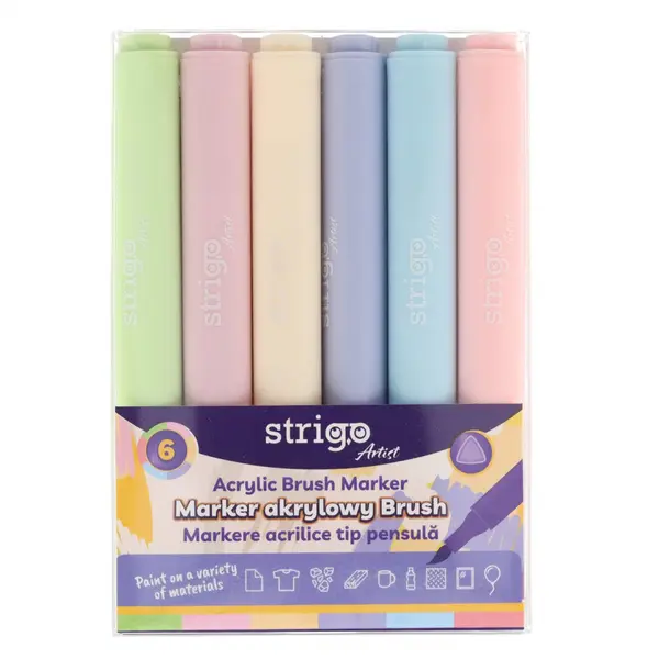 Markere acrilice Strigo , 6 culori pastelate, varf pensula