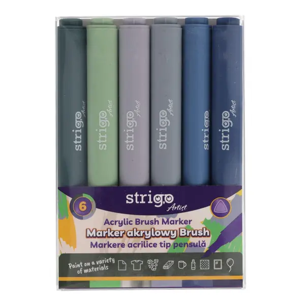 Markere acrilice Strigo , Set 6 culori, varf tip pensula