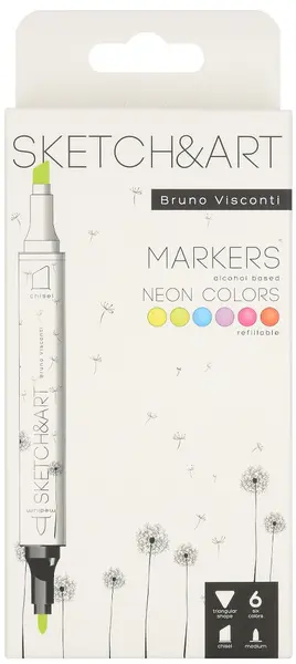 Markere permanente cu două capete Bruno Visconti Sketch&Art - Neon, 6 culori