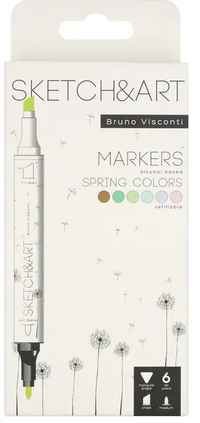 Markere permanente cu două capete Bruno Visconti Sketch&Art - Primăvară, 6 culori