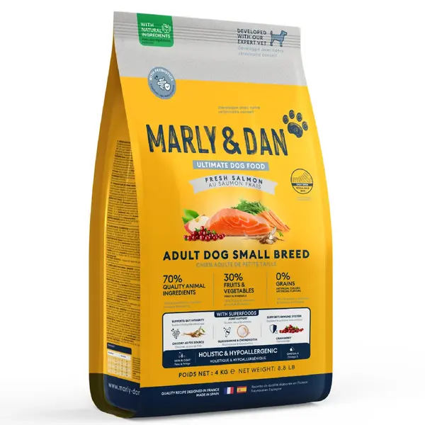 MARLY&DAN Adult Small Breed, XS-S, Somon, hrană uscată fără cereale câini, 4kg