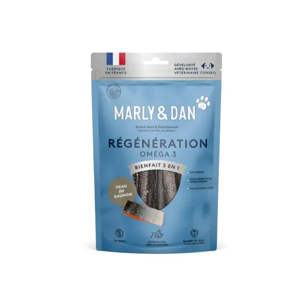 MARLY&DAN Regeneration Omega3 Salmon Skin, XS-XL, Somon, punguță recompense funcționale monoproteice fără cereale câini, piele & blană, 60g