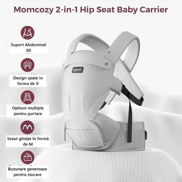 Marsupiu Hip Seat cu perna pentru sold 2in1 reglabil cu suport lombar pentru parinti Momcozy negru