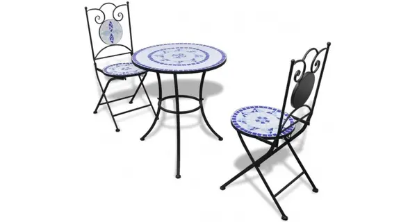 Masa bistro mozaic 60 cm, 2 scaune, albastru / alb