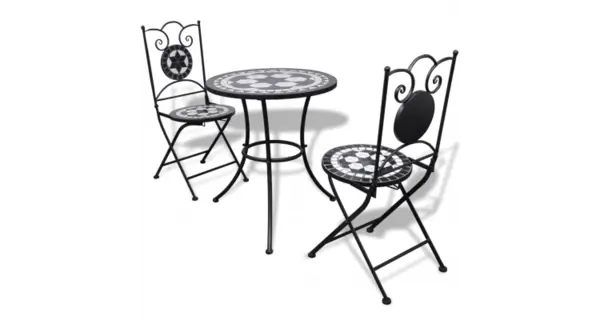 Masa bistro mozaic 60 cm, 2 scaune, negru/alb