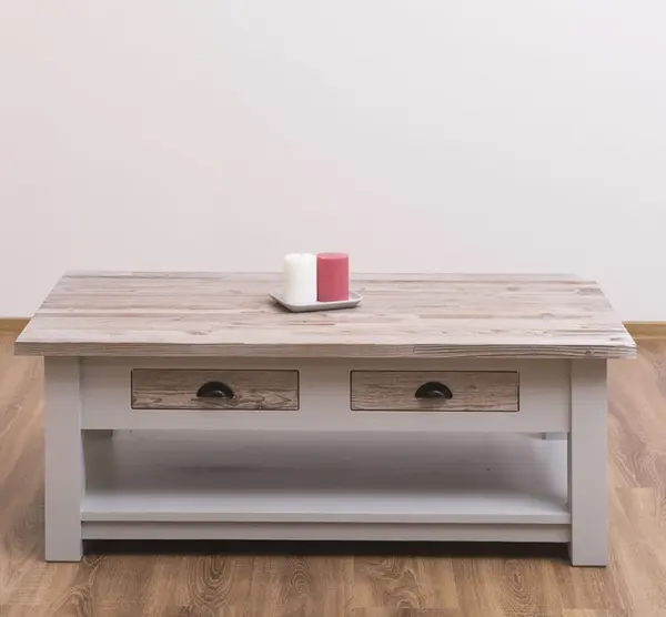 Masa cafea cu 2 sertare 120x65x45cm cu finisaj Cool Grey / Sand White