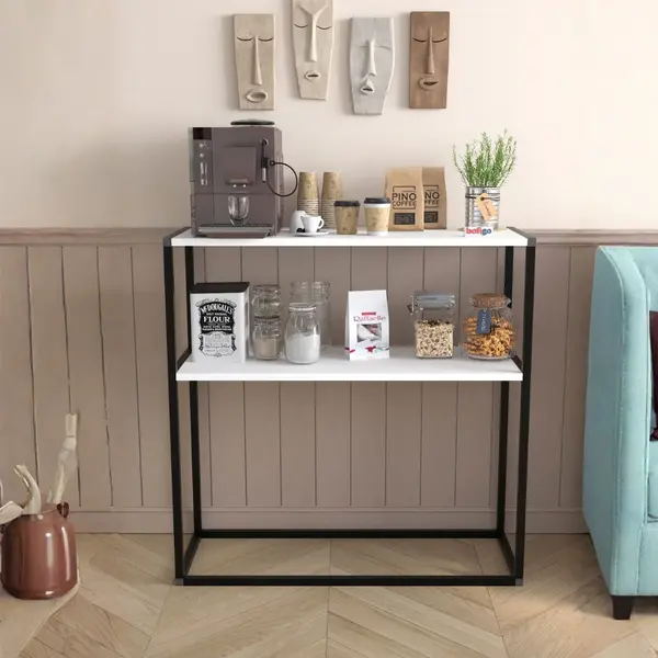 Masă consola decorativa cu 2 rafturi, 90x90x33,5 cm, efect stejar și cadru metalic