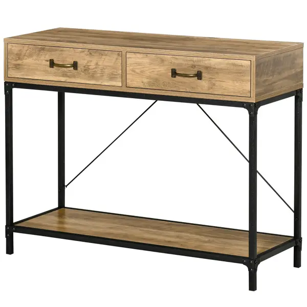 Masă Consolă Vintage HOMCOM din Metal și Lemn, Design Elegant cu 2 Sertare și Raft, Maro, pentru Living, Sufragerie | Aosom Romania