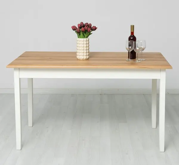 Masa cu blat stejar, dim. 140x70x78 cu finisaj Signal White Antic/Golden Brown