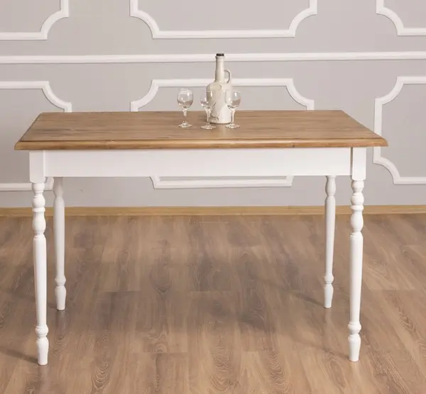Masa cu picioare strunjite, dim. 140x70x78 cu finisaj White/Walnut Waxed