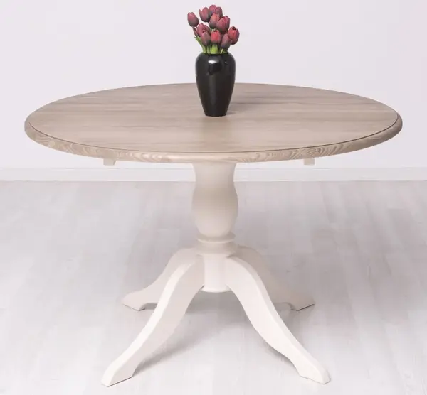 Masa cu picior central 120x120cm + 1 extensie cu finisaj Cream Antic/Ash Brown