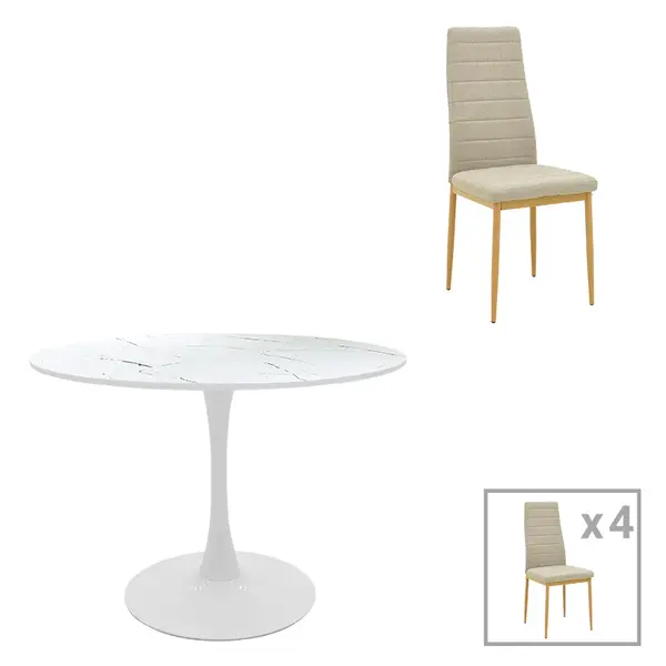 Masa de dining cu set de 5 piese Balou-Parker, și metal, Alb-Bej, 120x73 cm