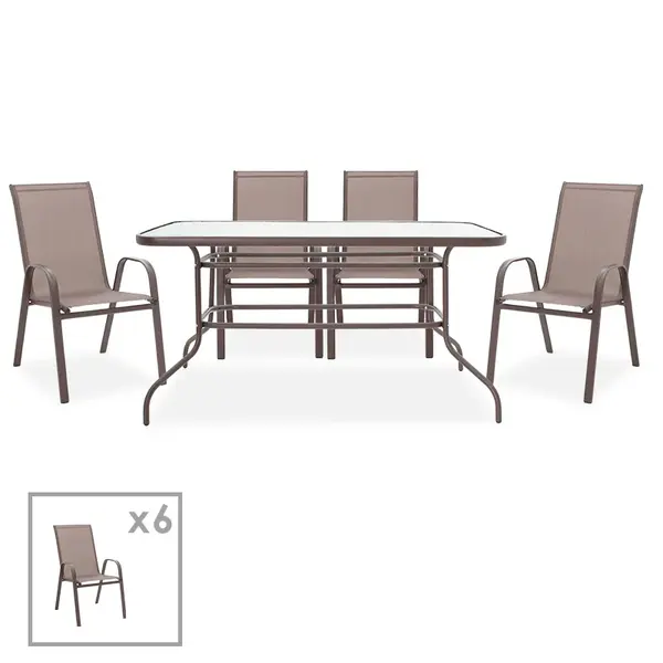 Masa de dining Valor-Calan, set 7 piese, metal-textilen, maro, 140x80x70 cm
