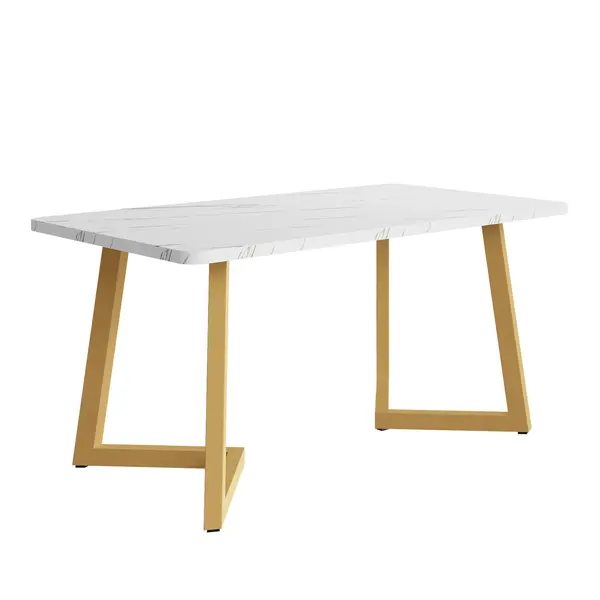 Masă de prânz 117x68 cm, cu efect de marmură și picioare din metal, Versatilă pentru sufragerie și living, Alb+Auriu