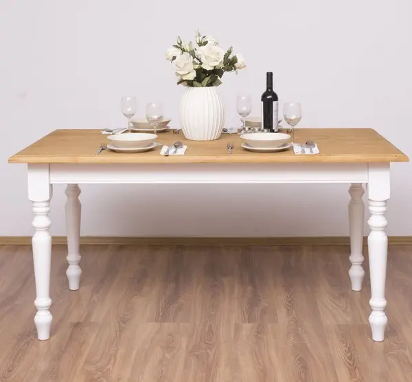 Masa de sufragerie cu picioare strunjite 180x90cm cu finisaj White/Light Walnut Waxed