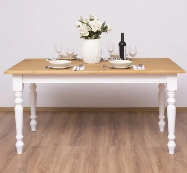 Masa de sufragerie cu picioare strunjite 210x90cm cu finisaj White/Light Walnut Waxed